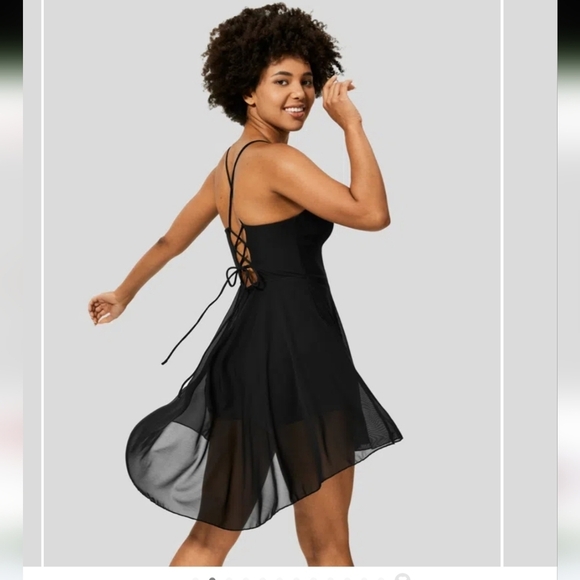 Backless Lace Up 2-in-1 Pocket High Low Mesh Flowy Mini Dance Active Dress - Picture 2 of 7